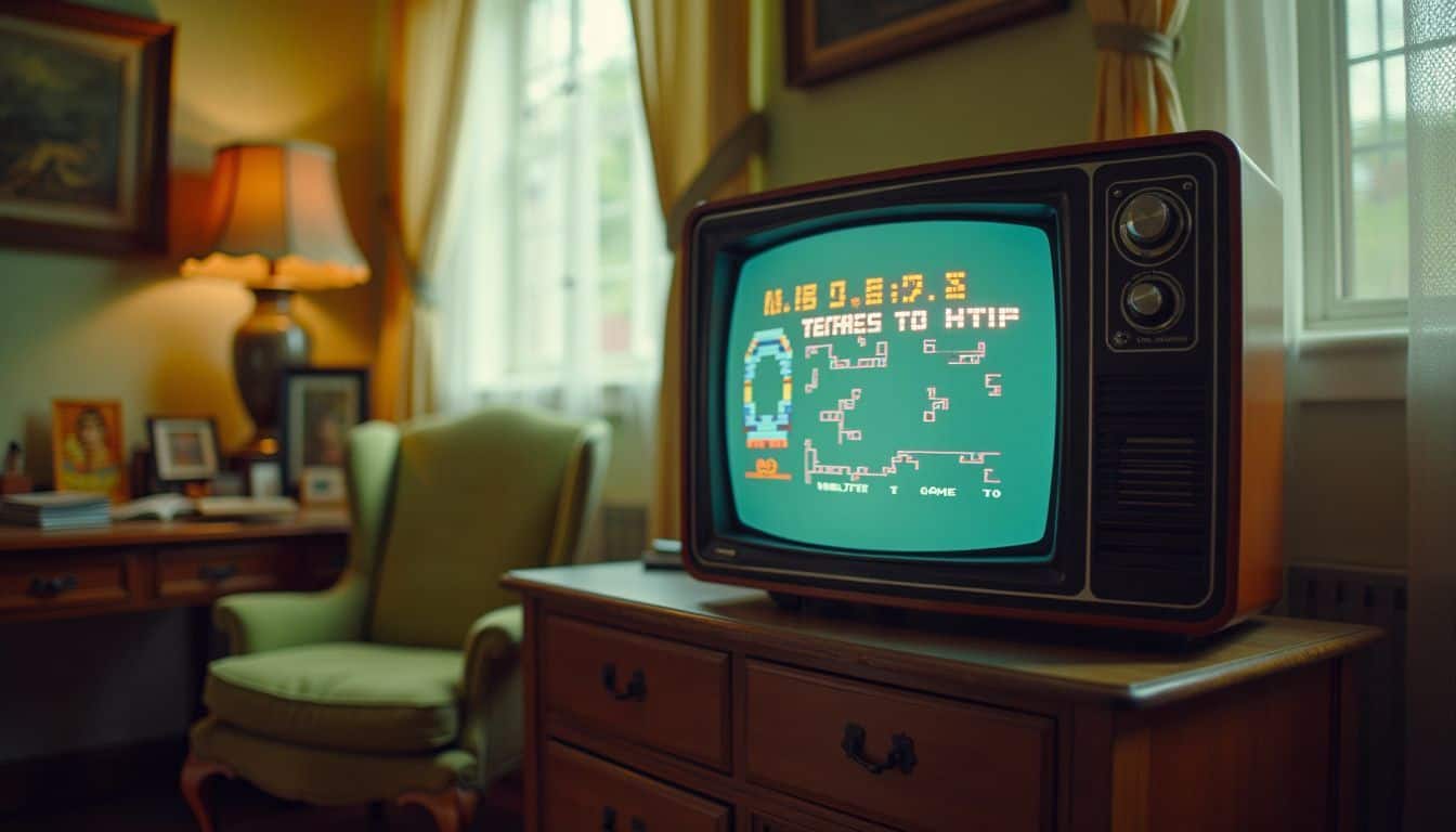 A vintage TV displays a colorful video game in a cozy room.