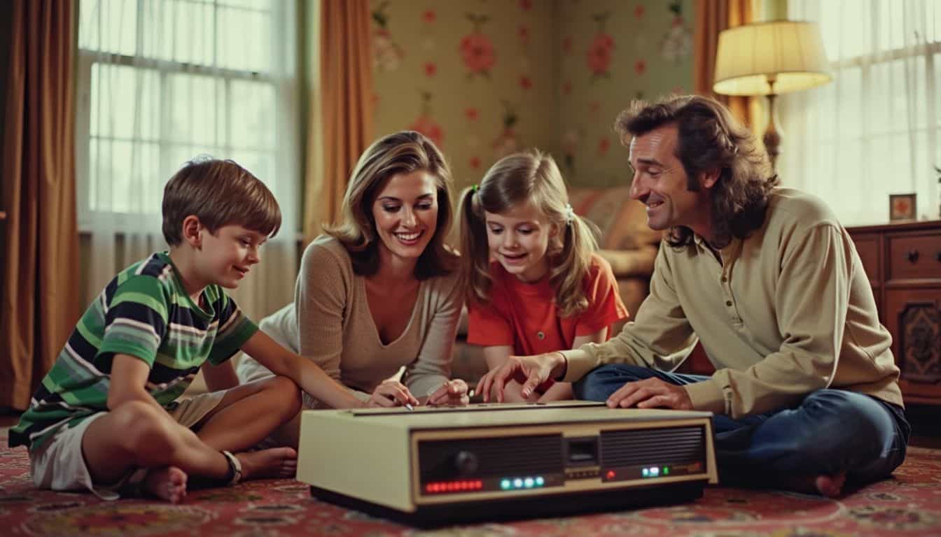 A 1970s family enjoys playing a game on a retro console.