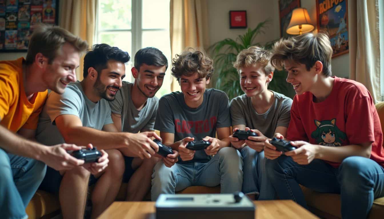 A diverse group of gamers playing vintage console games in a retro-themed room.