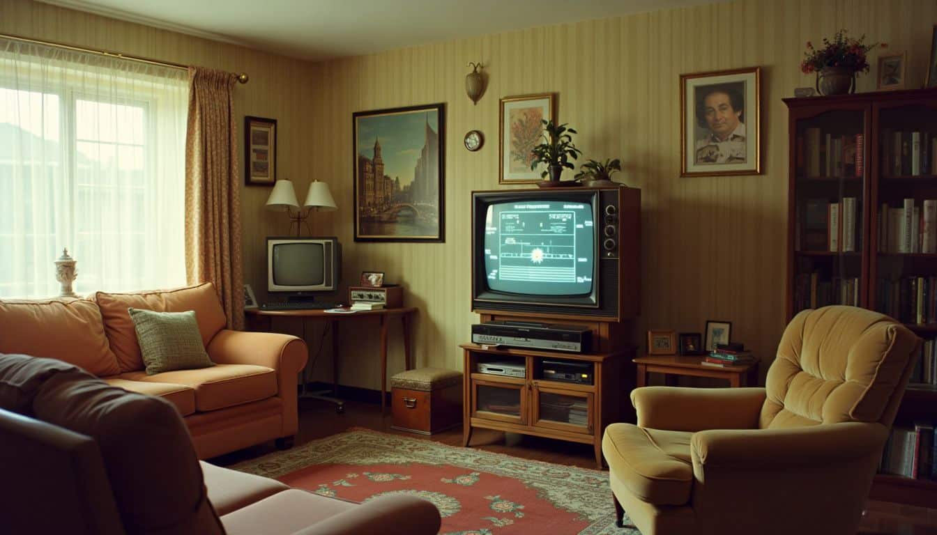 A 1970s living room with vintage TV and home video game console.