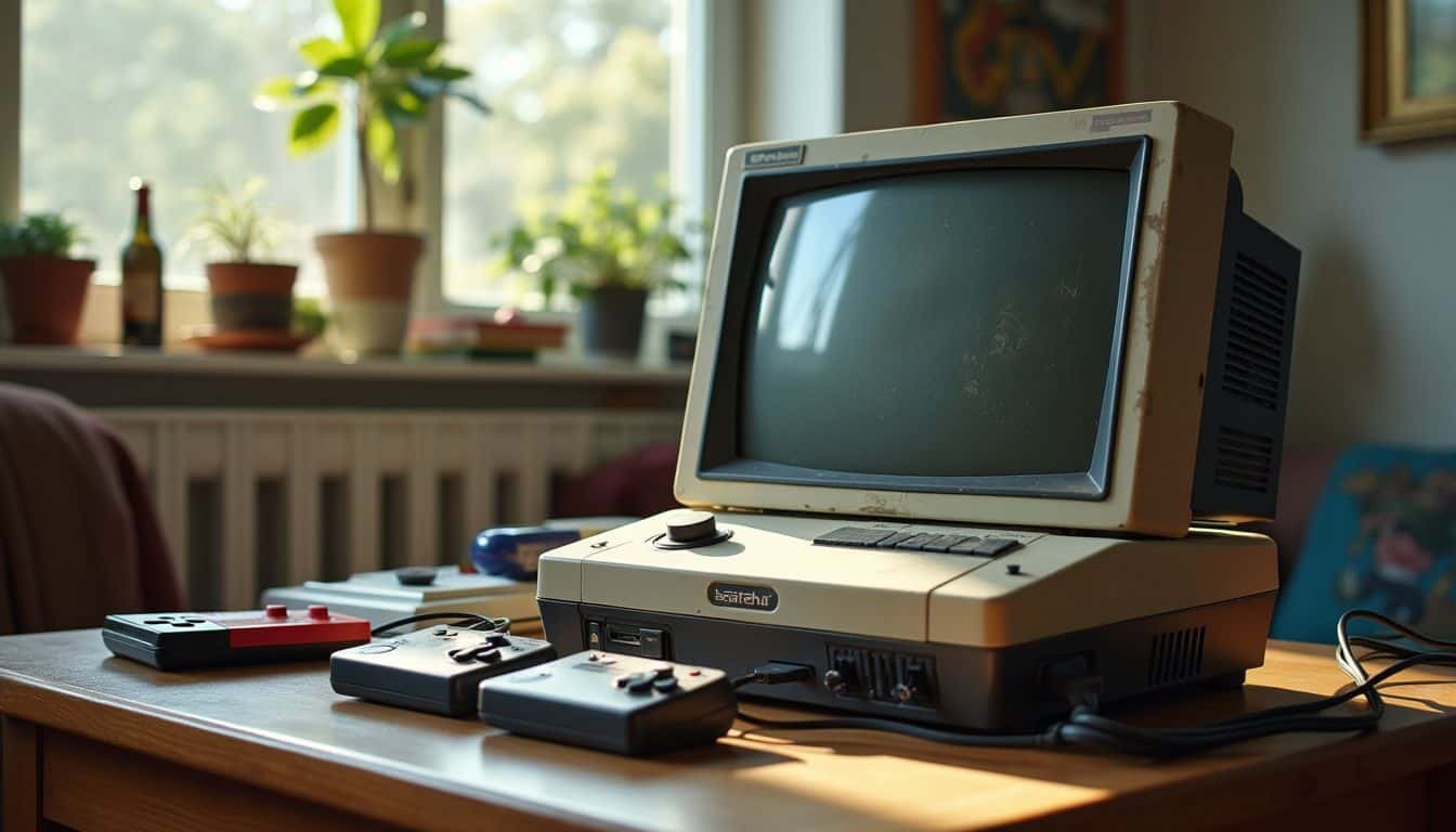 An old video game console surrounded by nostalgic gaming items.