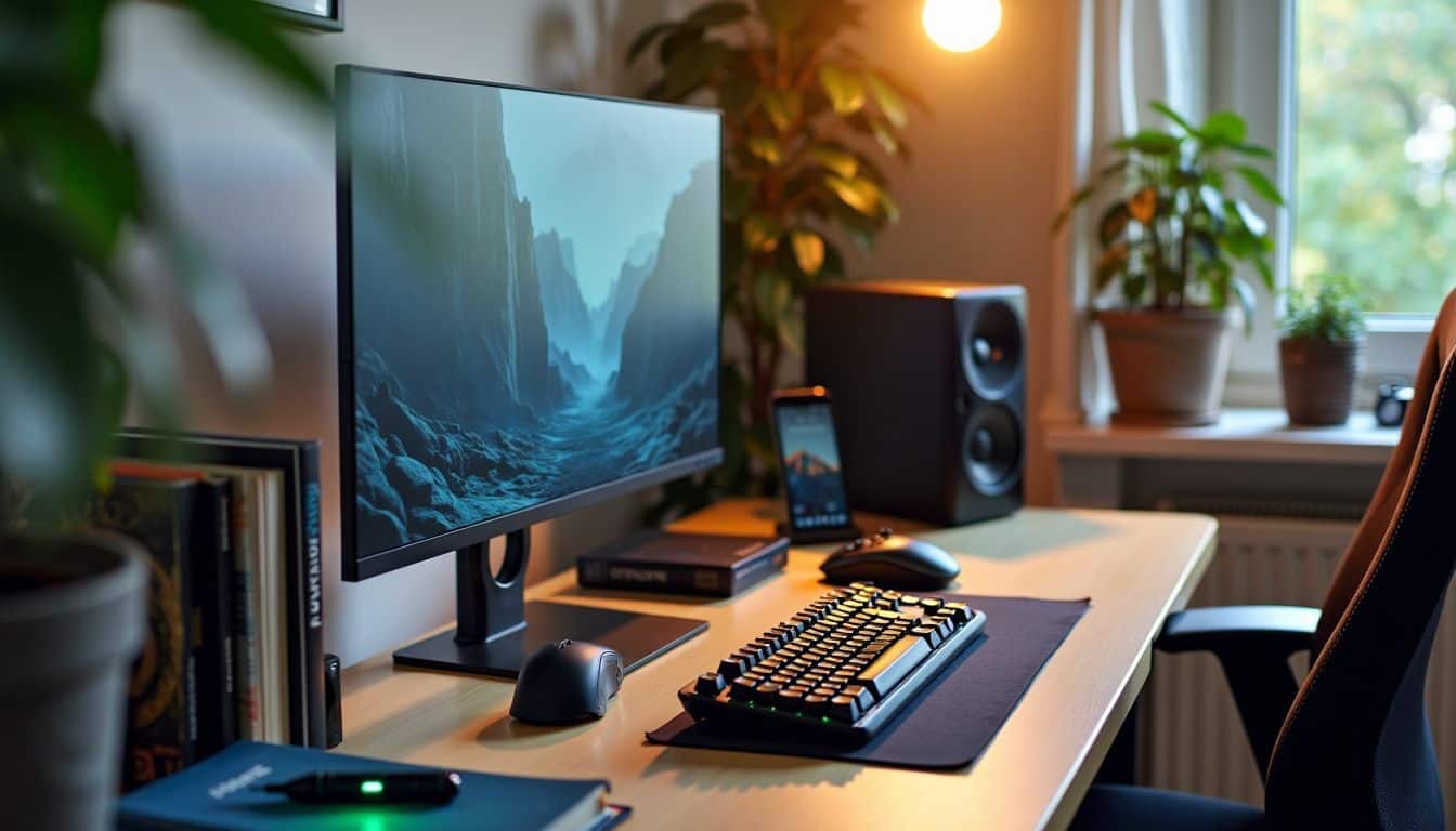 An office setup with gaming peripherals, business books, and podcasting equipment.