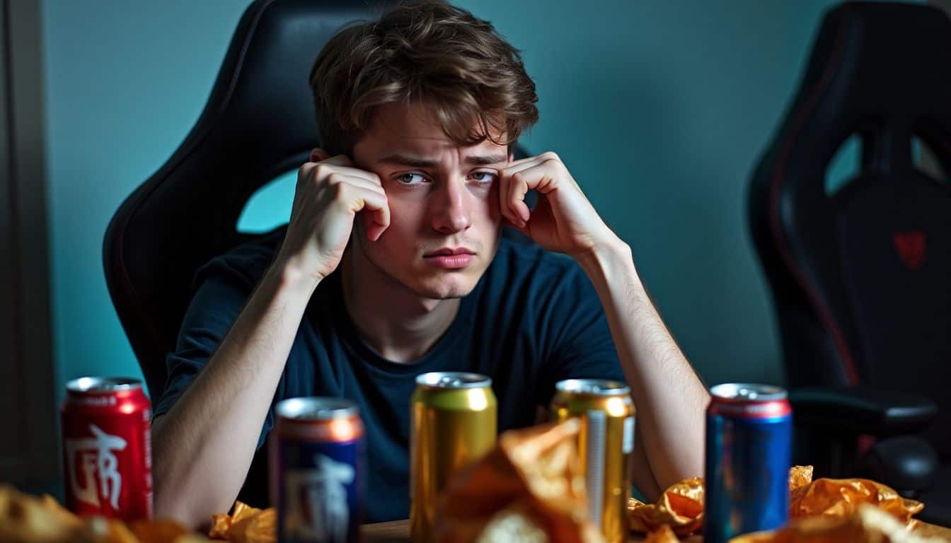 A tired esports professional sits in a cluttered room after gaming.