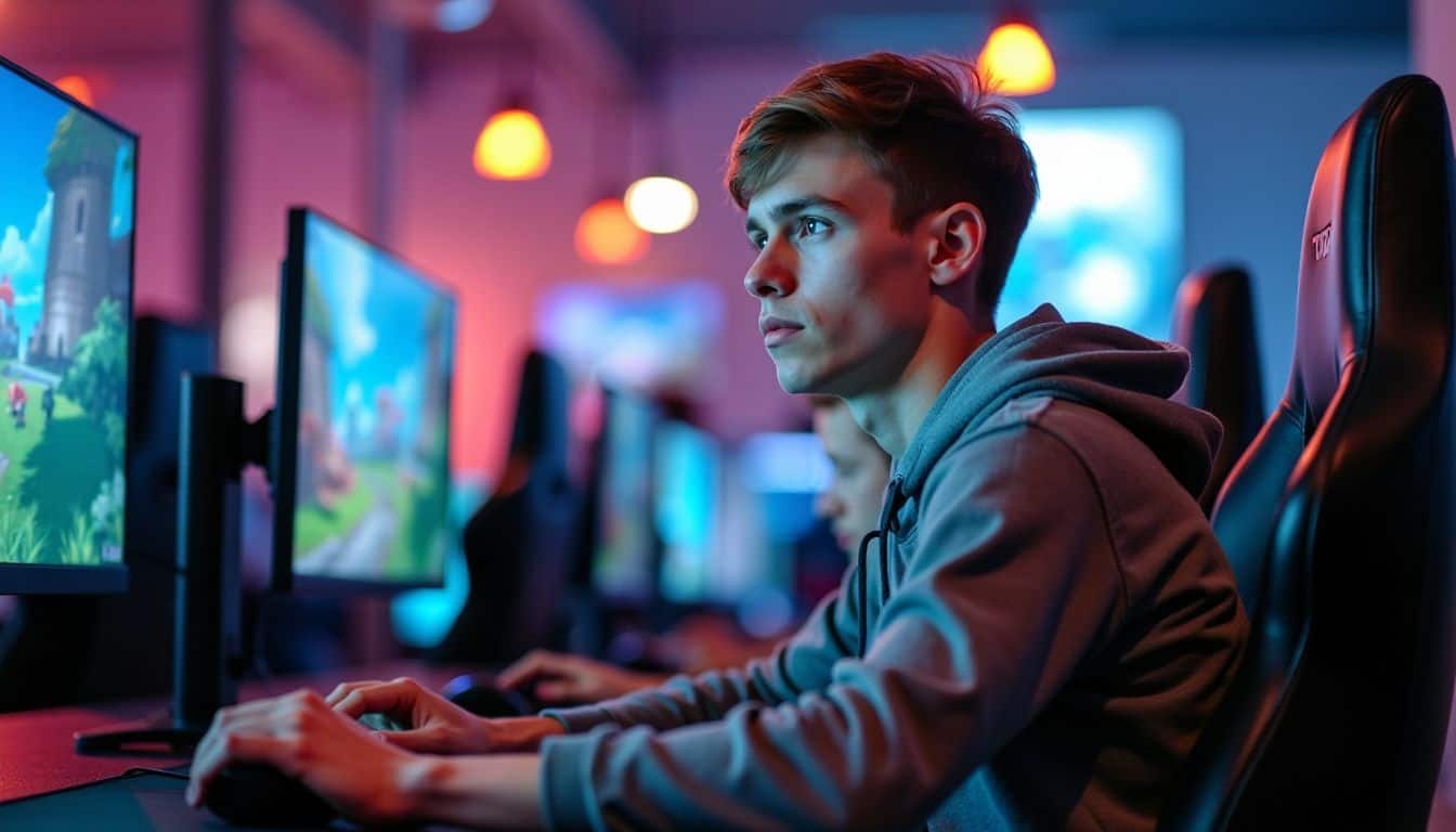 A focused esports player sits alone in a gaming arena.