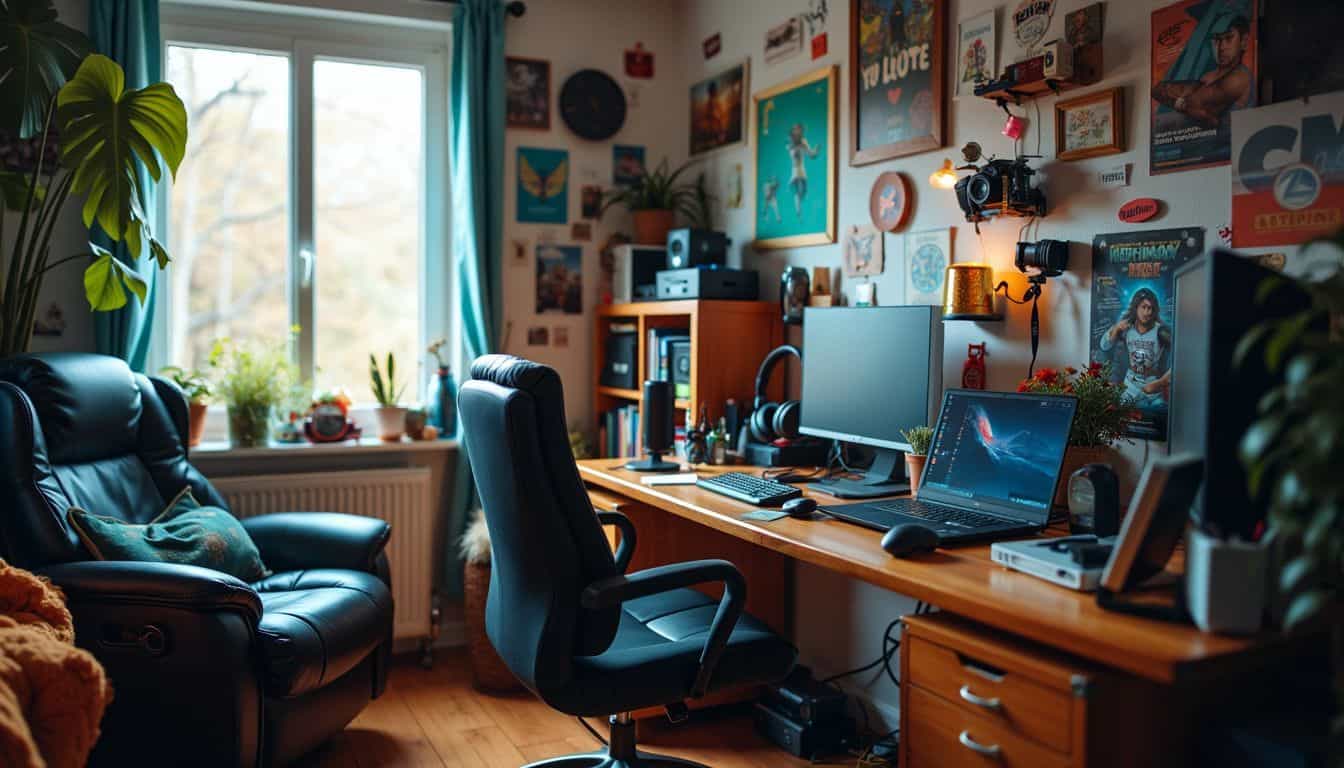 A teenager's cluttered room filled with gaming gear and personal items.