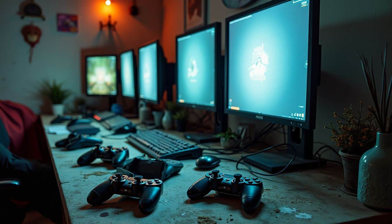 An abandoned esports gaming setup with scattered controllers and flickering monitors.