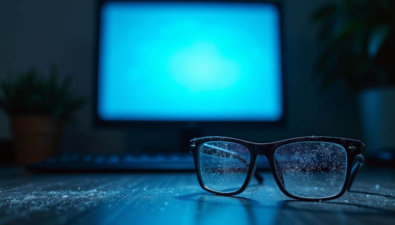 A photo of a dark room with a glowing computer screen and dusty glasses.