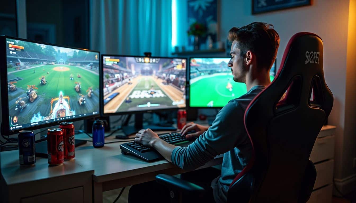 A cluttered desk with multiple screens and empty energy drink cans reflects the intense training routine of an esports professional.