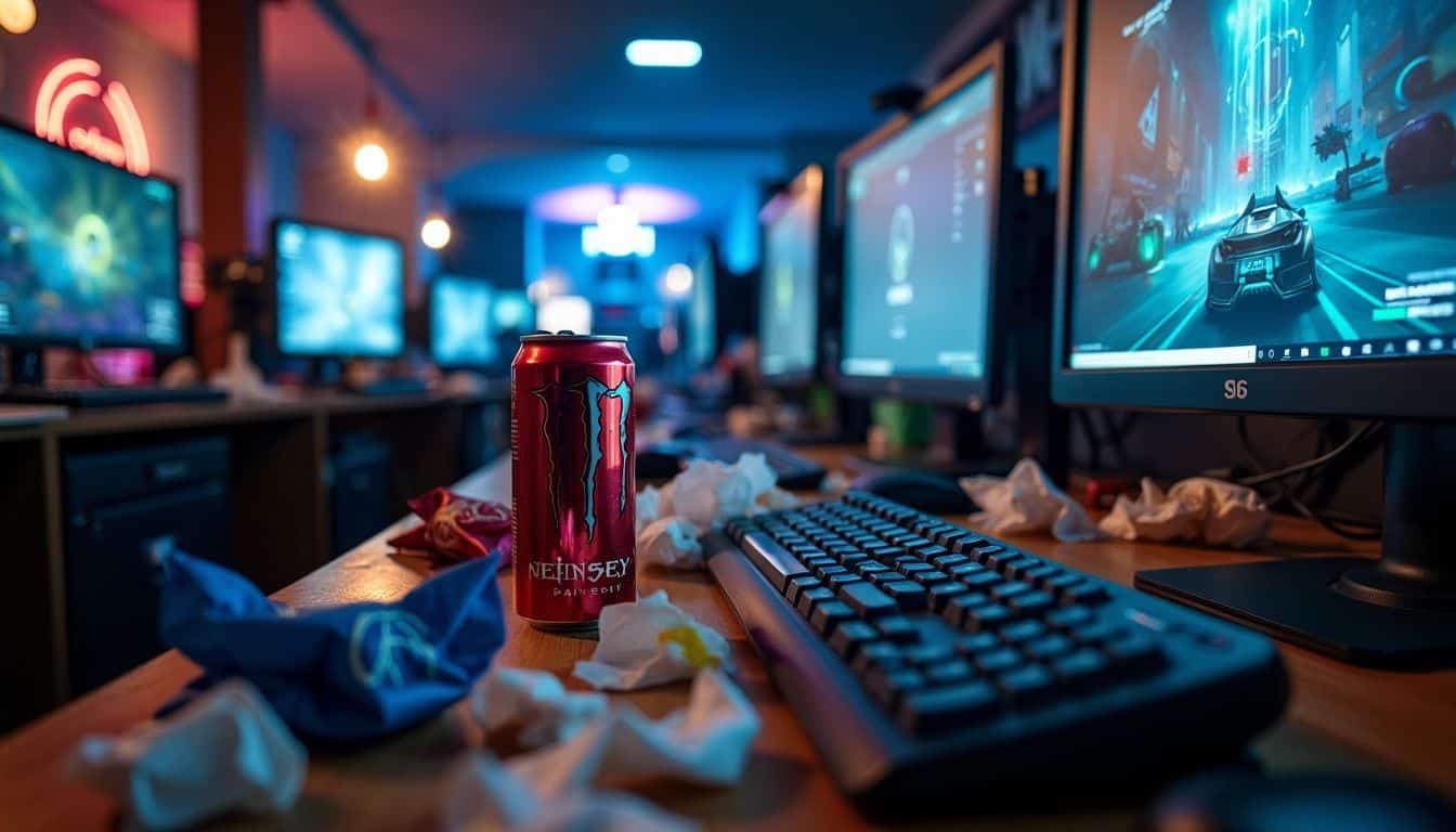 An esports competition room cluttered with computer screens and snack wrappers.