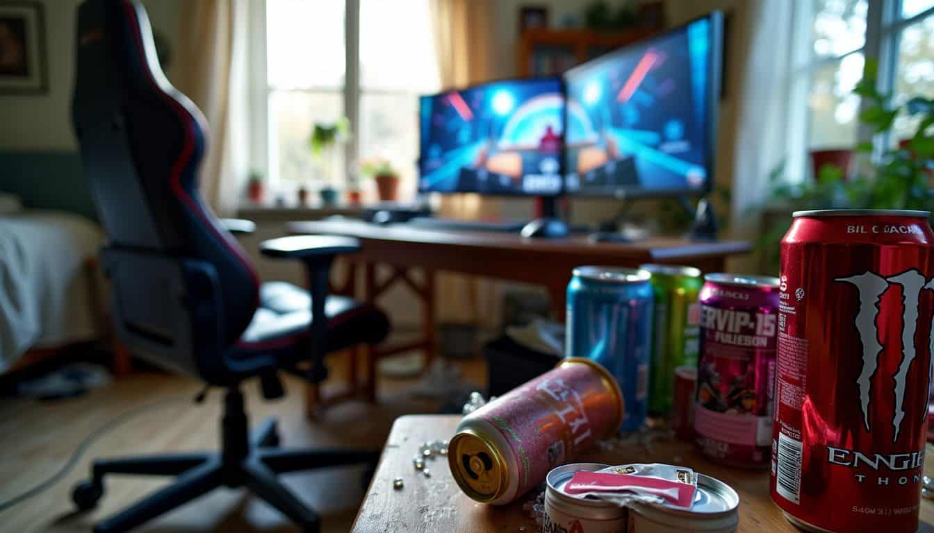 A cluttered bedroom with a messy desk and gaming setup.