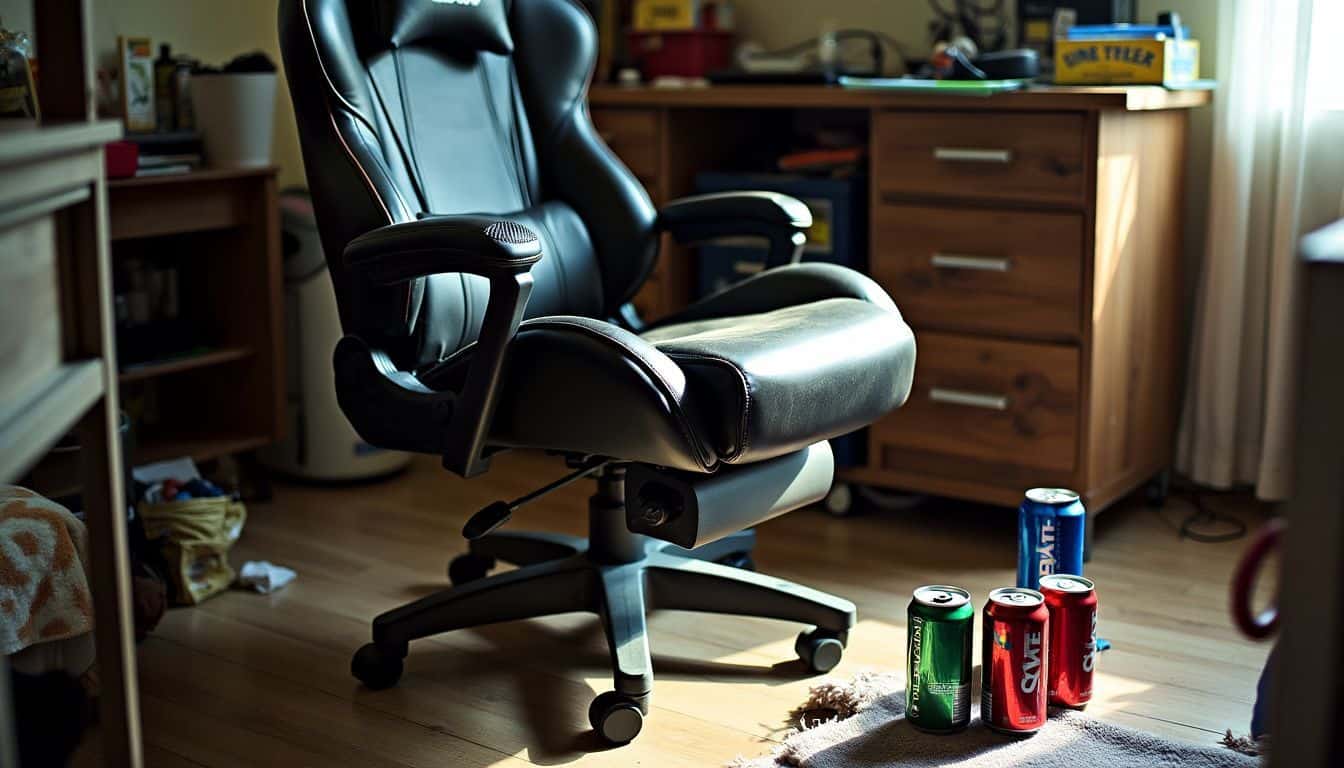 A worn-out gaming chair surrounded by empty energy drink cans.