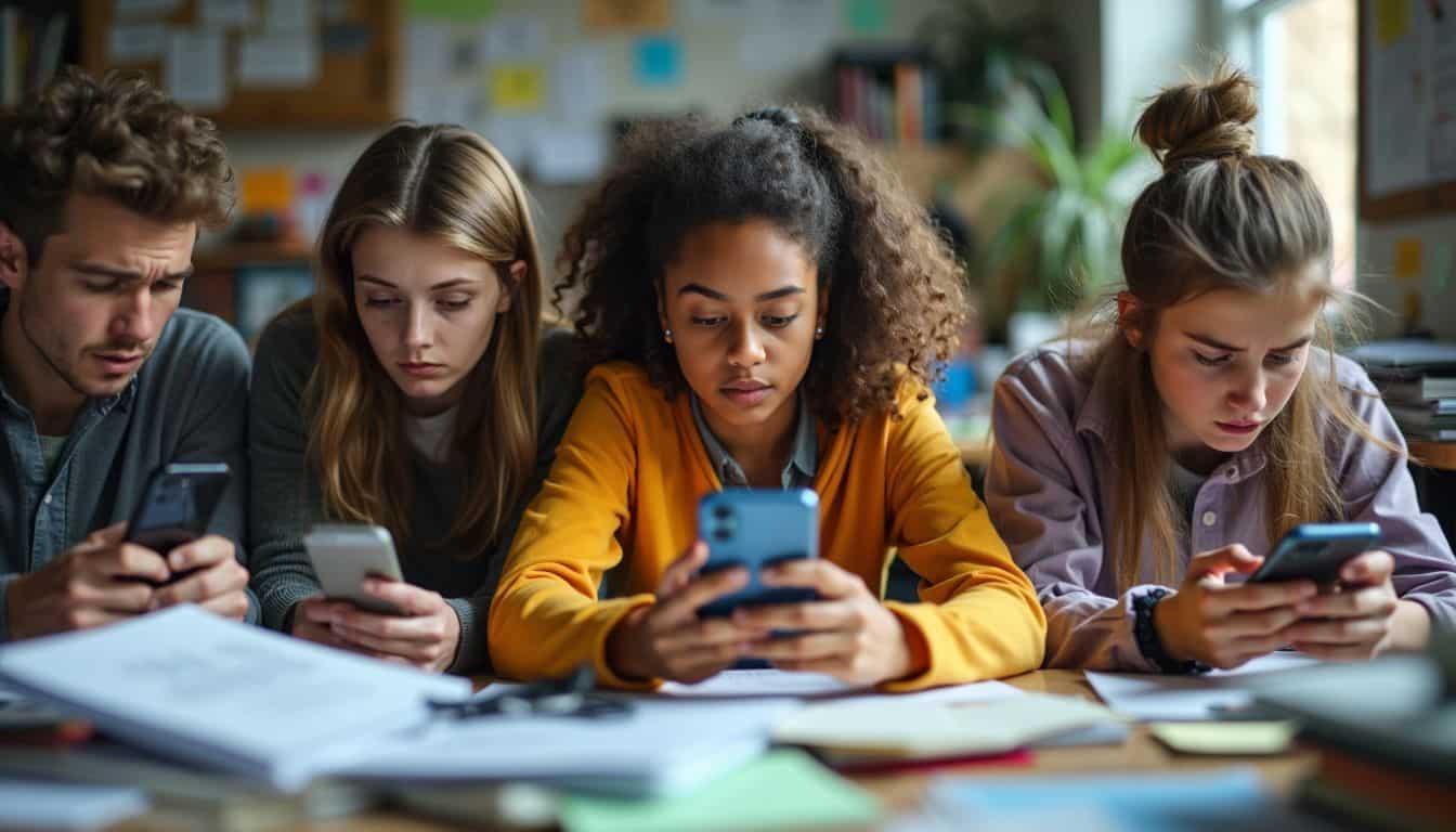 A diverse group of individuals deeply engaged with their smartphones in a cluttered room.