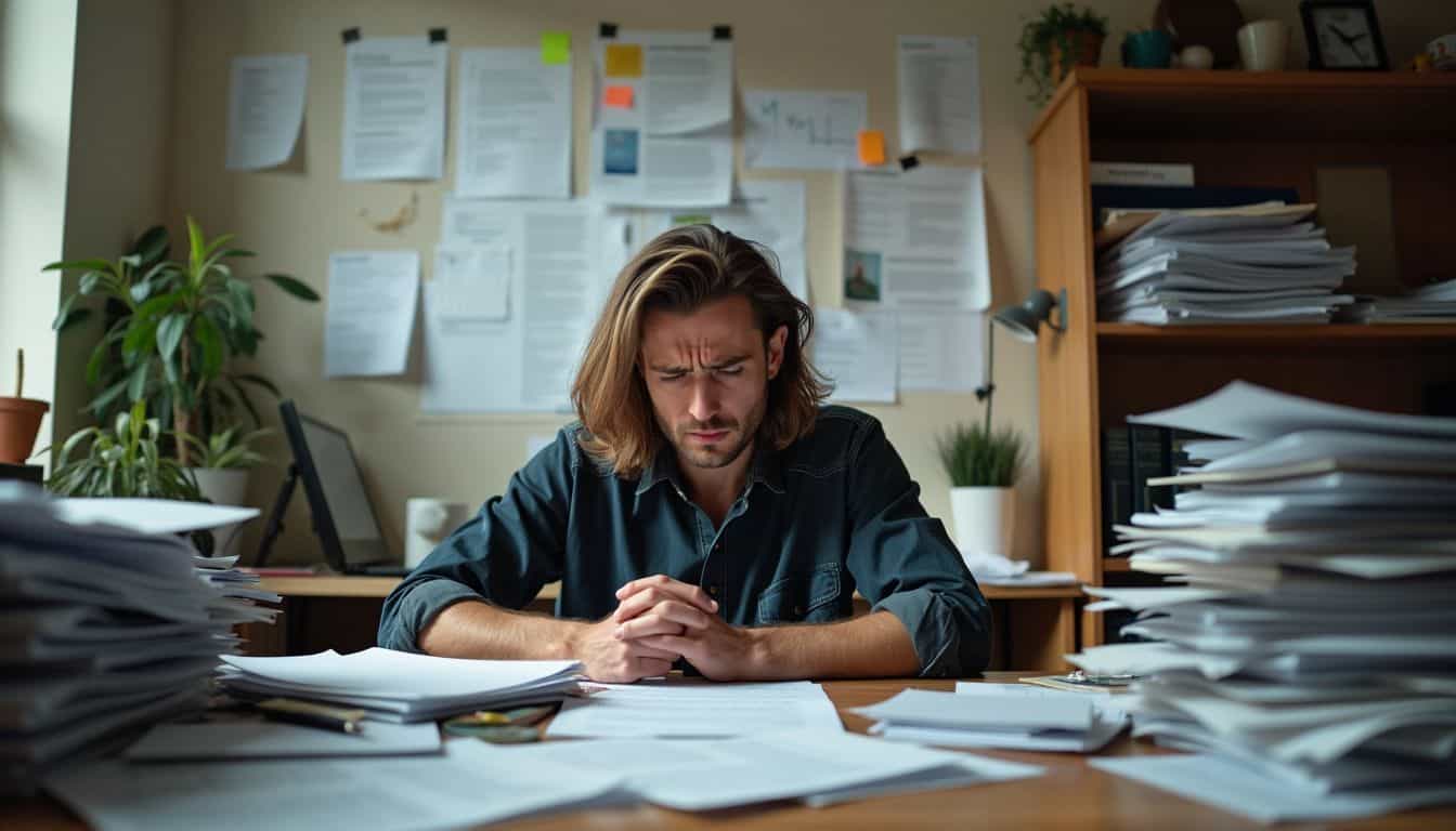 A stressed developer sits in cluttered home office, surrounded by paperwork.