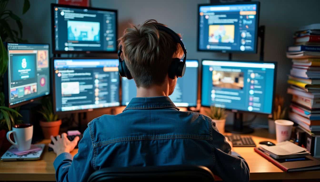 A stressed game developer at a cluttered desk surrounded by screens.