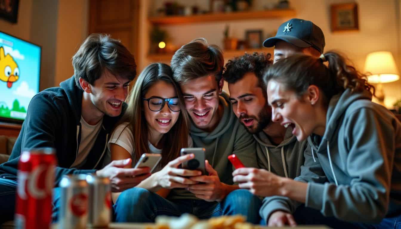 A group of young adults playing Flappy Bird in a cozy living room.