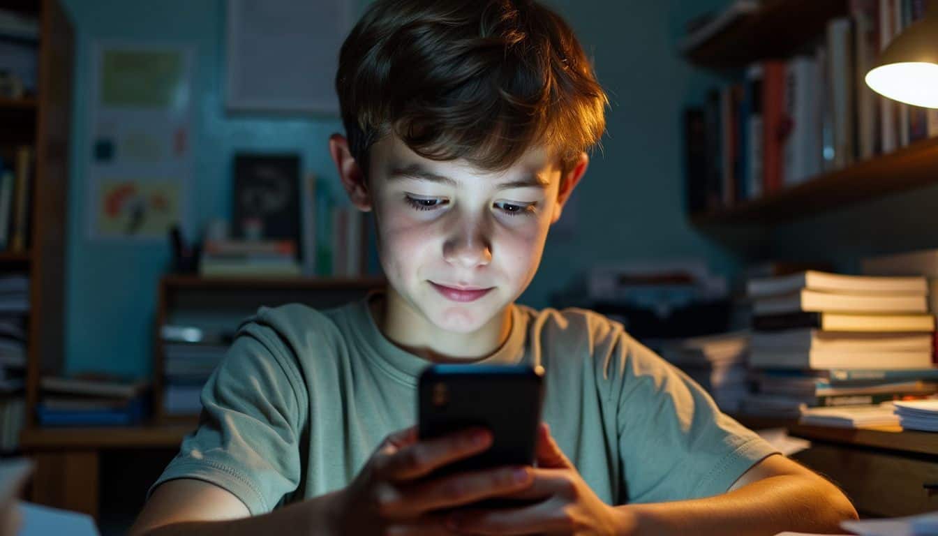 A 15-year-old boy playing Flappy Bird on his smartphone in a cluttered study room.