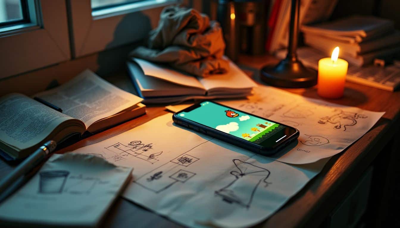 A cluttered desk with a smartphone displaying the Flappy Bird game.