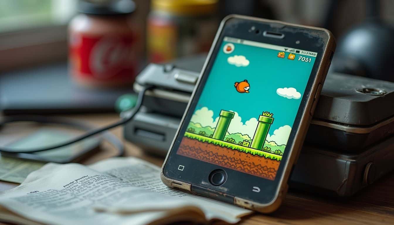 An old smartphone displaying glitchy Flappy Bird game on cluttered desk.