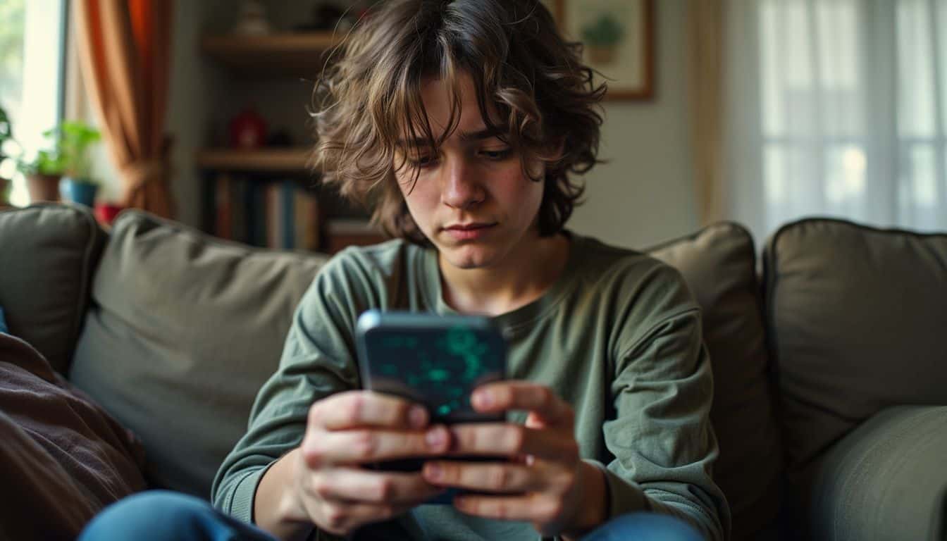 A teenager playing Flappy Bird on a worn-out couch at home.